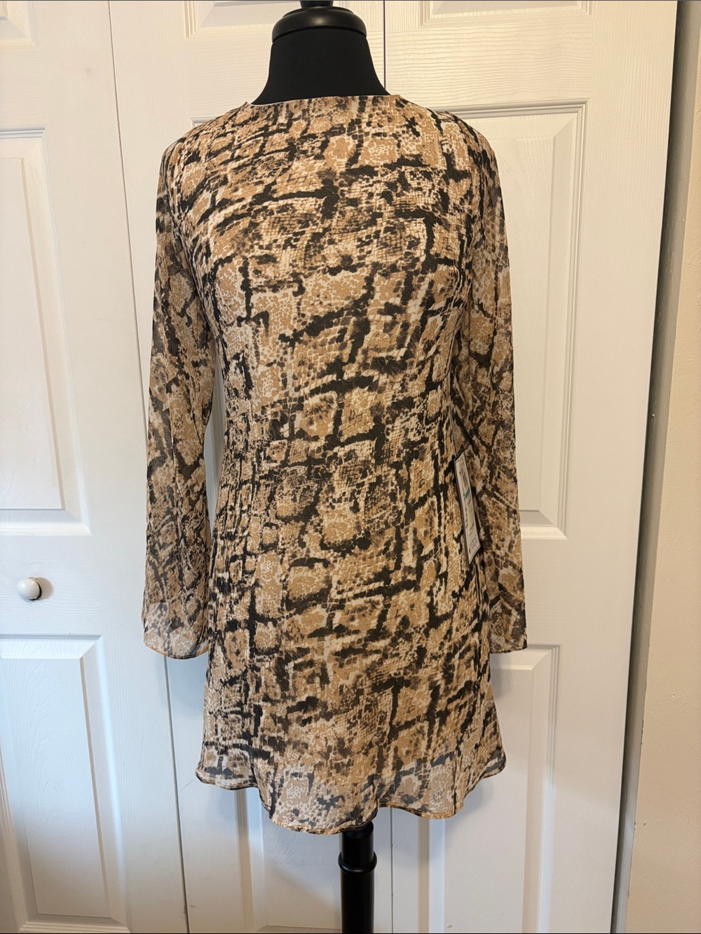 NWT B. Darlin Snakeskin Sheer Long Bell Sleeve Open Back Mini Dress | 5/6